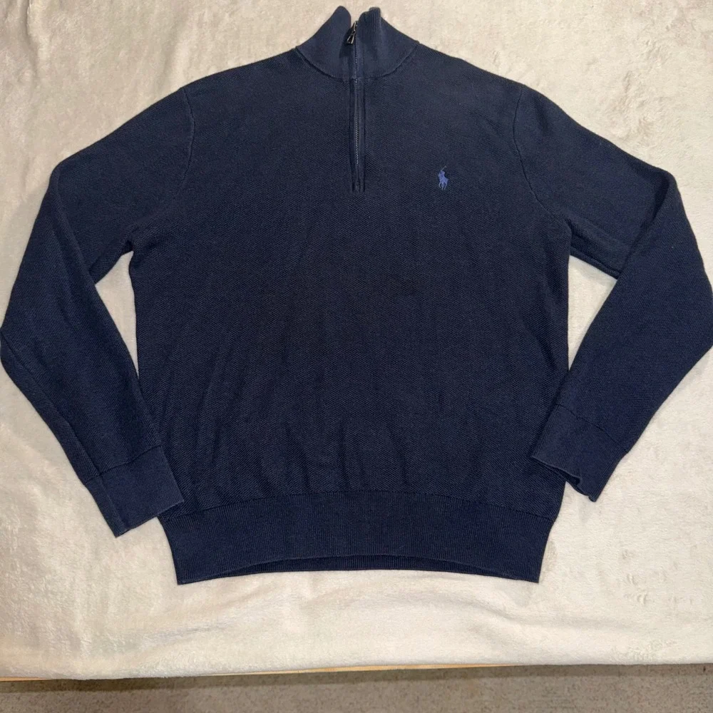 Polo Ralph Lauren Mens Navy Blue Pima Cotton Quarter Zip Sweater Medium